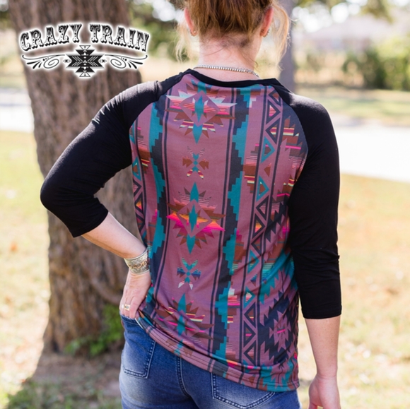 🌵Purple Aztec 3/4 sleeve🌵 Top V Neck Crazy Train - Picture 3 of 3